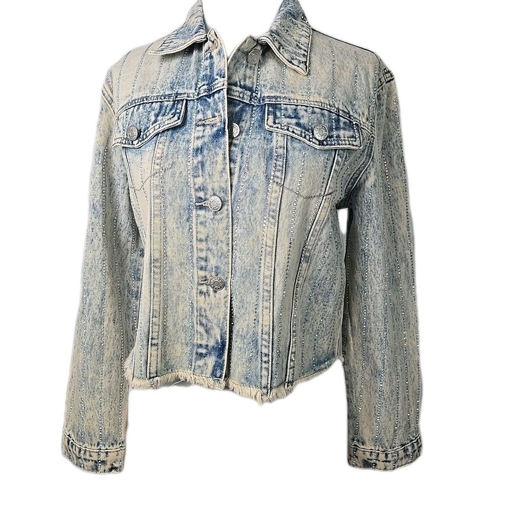 Rhinestone Embellished Frayed He Cropped Denim Jean Jacket SMALL S NWT